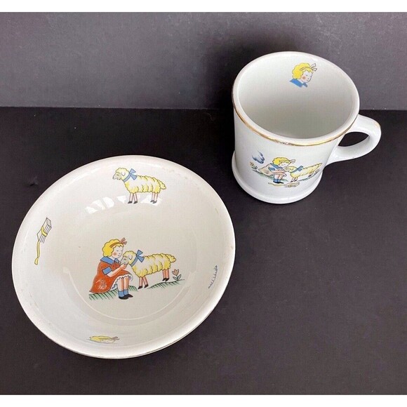 Vintage Buffalo Pottery Heirloom China Childs Mug & Bowl Mary Had a Little Lamb - Picture 1 of 12